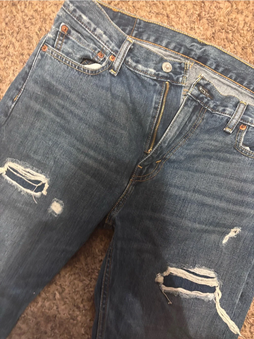 Levi's Men's Straight Jeans - Dark Blue with Distressed Detail